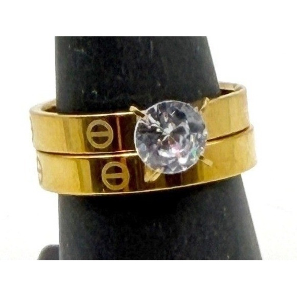 Stainless Steel Wedding Ring Set Gold Tone Size 10 CZ Solitaire